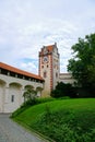 Clock tower of Hohes schloss, medieval castle in the middle of Fussen old town, Bavarian Alps, Germany