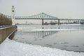 Clock Tower and Jacques Cartier Bridge in Winter Royalty Free Stock Photo