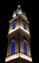 Clock tower with lights at night near Old Giaffa Jaffa in Tel Aviv, ISRAEL Royalty Free Stock Photo