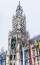 The clock tower of the new City Hall Rathaus in Marienplatz is