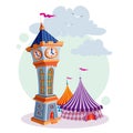 Clock tower next to which there are circus tents, isolated object on white background, vector illustration