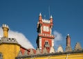 Clock tower at the Pena Palace in the municipality of Sintra, Portugal. Royalty Free Stock Photo