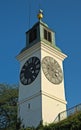 Clock tower with small bell tower at top in Novi Sad, Serbia Royalty Free Stock Photo