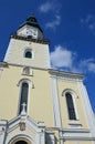 Clock tower and windows of Church of Saint Stephen The King in Modra, western Slovakia