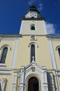 Clock tower and windows of Church of Saint Stephen The King in Modra, western Slovakia