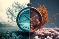 Clock with tree representation of changing season from winter to spring. Generative AI Illustration Royalty Free Stock Photo