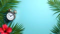 Clock and tropical palm leaves on blue background Royalty Free Stock Photo