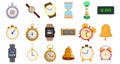 clock clip art set with watch, smart watch, sandglass, electronic clock, alarm clock