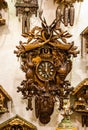 Clock. Vintage cuckoo clocks in shop, Bavaria, Munich, Germany