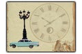 Clock vintage olde cars street birds cover book