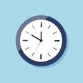 Clock for wall on flat style. Icon of watch. Blue clock with white dial and shadow. Time in round alarm. Black hour arrow, orange Royalty Free Stock Photo