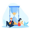 Clock watch time, information people timelife, wrist watch digital sign, tiny people, wait time vector illustration