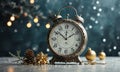 A clock with a white face and black hands is sitting on a table, surrounded by Christmas decorations. Royalty Free Stock Photo