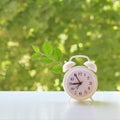 A clock in a white plastic case with a white dial with black hands and numbers stands on a white surface in the garden Royalty Free Stock Photo