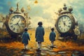 In the clock world. Children surrounded by clocks