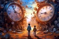 In the clock world. Children surrounded by clocks