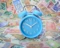 Clock on world currency Royalty Free Stock Photo