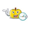 With clock yellow apple in the character shape