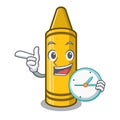 With clock yellow crayon in the cartoon shape