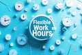 Flexible work hours concept with various clocks on vibrant blue background