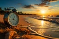 Clocks pixelated image on beach backdrop evokes time management amid serene sands