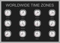 Clocks showing international time. World time zones