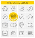 A clocks, watches, time and date outline vector icon set