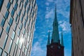 Clocktower of cathedral in Old city of Stockholm. Royalty Free Stock Photo