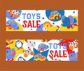 Clockwork bright mechanic children toys shop sale set of banners vector illustration. Mechanical windup cute gifts