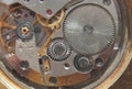 Clockwork. Gears, springs and other parts of the watch are visible.