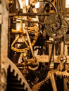 Clockwork mechanism. Close up view of cog wheels and other mechanical parts of vintage tower clock Royalty Free Stock Photo