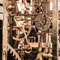 Clockwork mechanism. Close up view of cog wheels and other mechanical parts of vintage tower clock Royalty Free Stock Photo