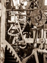 Clockwork mechanism. Close up view of cog wheels and other mechanical parts of vintage tower clock Royalty Free Stock Photo