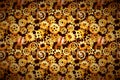 Clockwork mechanism with glossy golden steampunk cogwheels, wide background Royalty Free Stock Photo
