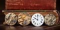 Clockworks and clock face with old books, time machine banner