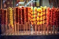 Clode up Tanghulu traditional Chinese snack of candied hard caramel coated fruit skewers Royalty Free Stock Photo