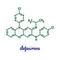 Clofazimine hand drawn vector formula chemical structure lettering blue green