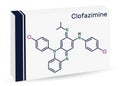 Clofazimine molecule. It is riminophenazine antimycobacterial used to treat leprosy. Skeletal chemical formula. Paper packaging