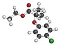 Clofibrate hyperlipidemia drug molecule (fibrate class). 3D rendering. Atoms are represented as spheres with conventional color Royalty Free Stock Photo