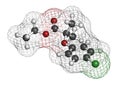 Clofibrate hyperlipidemia drug molecule (fibrate class). 3D rendering. Atoms are represented as spheres with conventional color Royalty Free Stock Photo