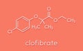 Clofibrate hyperlipidemia drug molecule fibrate class. Skeletal formula. Royalty Free Stock Photo