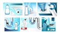 Clogged Drain Cleaner Promo Posters Set Vector