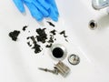 Clogged sink with mass of hair and grime Royalty Free Stock Photo