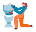 Plumber woman cleaning clogged toilet, vector