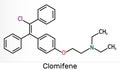 Clomifene, clomiphene, enclomifene, E-isomer molecule. It is an oral agent used to treat infertility in women. Skeletal chemical