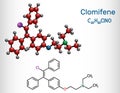 Clomifene, clomiphene, enclomifene, E-isomer molecule. It is an oral agent used to treat infertility in women. Structural chemical