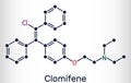 Clomifene, clomiphene, enclomifene, E-isomer molecule. It is an oral agent used to treat infertility in women. Structural chemical