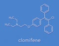 Clomifene clomiphene ovulation inducing drug molecule. The E-isomer enclomifene isomer is shown. Skeletal formula.