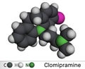 Clomipramine molecule. It is tused in the treatment of depression, schizophrenia, Tourette`s disorder. Molecular model. 3D