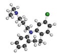 Clomipramine tricyclic antidepressant drug molecule. Used in treatment of depression, obsessive-compulsive disorder, etc. Atoms